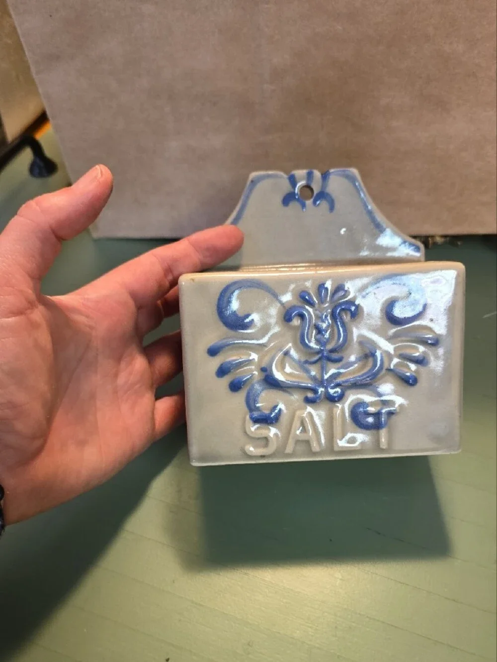 VINTAGE Ceramic Gray And Blue Salt Box - Wall Mount